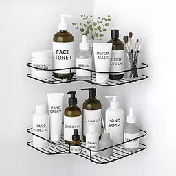 WAHHSON Bathroom Organiser | Bathroom Corner Shelves & Corner Shelf for Kitchen | Self Adhesive GI Metal with 2 Bonus Hook Stickers (Black, Pack of 2, 1)-image-12