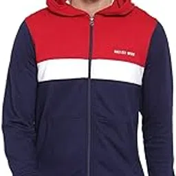 Men's Full Sleeves Zipper Fleece Striped Hoodie(Navy::White::Red)-image-62