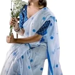 Women's Cotton Saree with Blue Floral Print, White Base Color, Traditional Indian Ethnic Wear-image-26