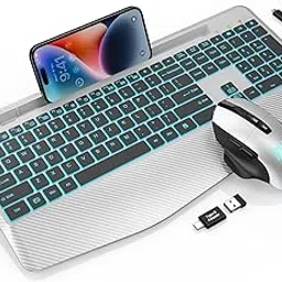 Wireless Keyboard and Mouse Backlits, Wrist Rest, Jiggler Mouse, Rechargeable Ergonomic Keyboard with Phone Holder, Silent Light Up Combo for Computer, Mac, PC, Laptop, Chromebook (Silver Black) image 1