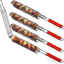 DORATIK Nonstick BBQ Kabab Grilling Basket,Roasting Grill Net,Stainless Steel Mesh Barbecue,Rotisserie Basket,Hotdog Vegetables Shrimps Meats Roasting Basket with Wooden Handle (Pack of 1)-picture-32