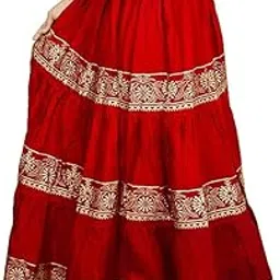 Women's Traditional Cotton Skirt with Gold Embroidered Floral Trim, Long Length (in, Alpha, XS, Regular, Red)-picture-39