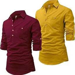 vida loca Men Cotton Full Sleeve Casual Spread Collor Slim Fit Short Kurta for Men and Boys (Pack of 2)-picture-24