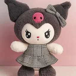 Y U COLLECTION Sanrio Kuromi Plush Toy, Black and White, Soft Stuffed Animal with Plaid Dress and Bow, 30cm, Kawaii Style Character Doll for Children-image-77