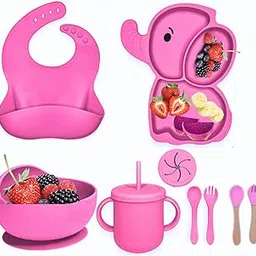 Royalkart 9 in 1 Silicone Baby Feeding Set | Dinnerware for Kids | BPA-Free, Microwave Safe | Suction Plate, Bowl, Spoon, Fork, Cup & Bib | Soft Tableware Kit for Babies & Toddlers,(Elephant Shape-Pink).-image-4