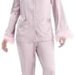 maisha creation Women's Feather Satin Nightwear Set for Women, Girls | Luxurious Comfort Shirt and Pajama Nightsuit Dress Set with Soft Bliss Feather Lounge Wear Baby Pink-picture-14