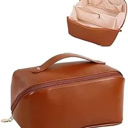 Large Capacity Travel Cosmetic Bag with Handle and Divider – Waterproof PU Leather Makeup Organizer for Women & Girls, Zipper Toiletry Case with Compartments, Brown (Brown)-image-88