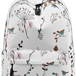 algrowd ALGRWOD ™ Floral Bird Pattern Backpack, White Canvas School Bag with Dandelion Print, College Collection Coaching, Travel - White-picture-49