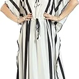 yazia Women's Cream Colour Striped Cotton Blend Kaftan Maxi – V-Neck, Loose Fit, Drawstring Waist, Casual Summer Lounge Wear for Women-picture-36
