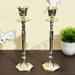 KAPER Brass Candle Stand Set of 2 | Antique Candle Holders for Home Decoration | Long Brass Candle Stand for Dining Table (8 Inches) (Gold)-picture-15