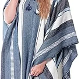 Hodded Soft Alpaca Poncho Cape for Women with striped design (Steel Blue), Steel Blue, One Size-image-11