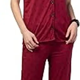 Women's Burgundy Floral Print Cotton Night Suit, Short Sleeve Button-Down Pyjama Set (Maroon, Small)-picture-10