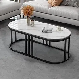 Modern Oval Coffee Table with Marble MDF Top, Black Metal Frame, Contemporary Living Room Furniture-image-84