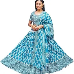 Traditional Cotton Lehenga Choli with Chevron and Leaf Print, Turquoise Blue and White, Blouse Piece Included-picture-50