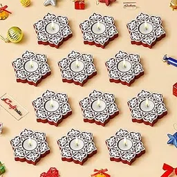 eCraftIndia Wooden Floral Printing Block Decorative Tea Light Candle Holders (Set of 12, Red)| Christmas Diwali Decoration Items for Home Office| Christmas Gifts for Women Men Family Friend-picture-33