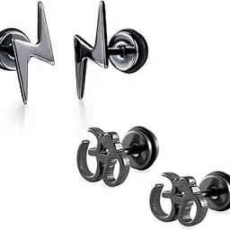 yellow chimes Trendy Combo of 2 Pairs Stainless Steel Black Spark Star Om Stud Earrings Men and Boys-picture-12