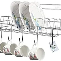 Cri8Hub Heavy Stainless Steel Kitchen Rack Utensils Dish Organizer Stand With Plate And Cutlery Holder Wall Mount Kitchen| Dish Rack With Plate,Glass,Cup,Mug Stand(Dish Rack) - Tiered Shelf-image-12