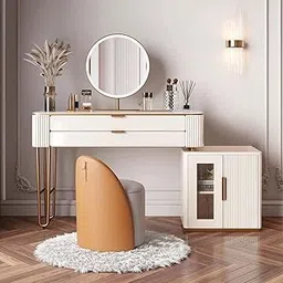 Vandana Interiors Modern Makeup Vanity with Telescopic Design, with 3 Colors LED Lighted Mirror, Soft Leather Stool, Solid Wood Drawers, for Bedroom, 31''-39''-picture-14