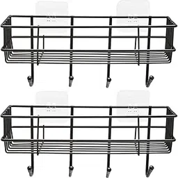 Amazon Basics Self-Adhesive Wall Shelf – No-Drill Multipurpose Bathroom/Kitchen Organizer with Hooks and Towel Holder, Rust Proof GI Steel Organizer | Black, 28.2 x 9.8 x 11.5 cm, Pack of 2-picture-25