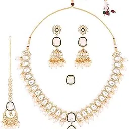 zaveri pearls Gold Tone Kundan & Pearls Long Bridal Necklace Earring Maangtikka & Ring Set For Women-ZPFK18480-picture-23