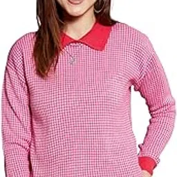 berrylush Women Houndstooth Printed Contrast Collar Neck Drop-Shoulder Sleeves Ribbed Hem Regular Sweater-picture-56