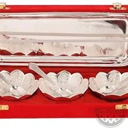 Piepot German Silver Bowl Set Lotus Flower Shape Set of 7 Pcs | 7pcs Set | Silver, Red Velvet Box | Best for Diwali Gift, Corporate Gift, Navratri Gift-picture-16