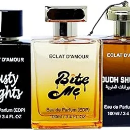 ECLAT D'AMOUR Luxury Perfume Set – Oudh Shukran, Bite Me & Lusty Nights 3 x 100ml Eau de Parfum Long-Lasting Unisex Fragrance with Oudh, Vanilla, Patchouli, Jasmine & Rose-image-2