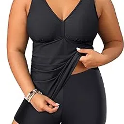 yonique Women Plus Size Tankini Swimsuit V-Neck Two Piece Bathing Suit with Shorts High Waist Swimwear Black 20Plus-picture-36