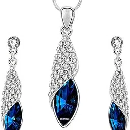 om jewells Deep Blue Rhodium Plated Crystals Jewelled Pendant Necklace Set for Women-picture-26