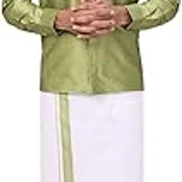 Men's Traditional Full Sleeve Dupion Satin Shirt with Matching Border Dhoti Combo Gora Set for Festive & Wedding Occasions-image-30