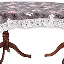 MANUFACTORY PVC Waterproof & Anti Slip Dining Table Cover for 6 Seater - 60x90 inches | 6 Seater Oval Shape Table Cover | Protector Dining Table Cover for Oval Shape (Grey Flower)-image-66