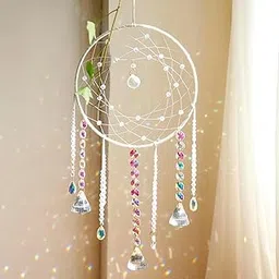 Mannikin Crystal Dream Catcher, White Boho Moon Wall Hanging, Decorative Suncatcher with Beads and Bells for Home Bedroom-picture-10