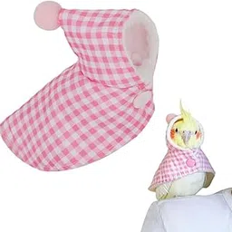 Qpets® Bird Clothes, Parrot Winter Plush Cloak with Hat, Winter Fashion Pink Checkered Warm Plush Bird Coat, Snap Button Closure-image-5