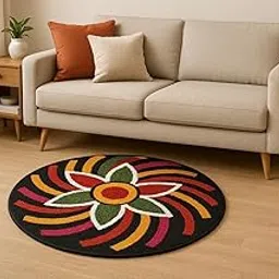 Safal Homes Super Soft Microfiber Traditional Modern Rangoli Round Door Mat for Home, Temple, Living Room, Door Entrance, Bedroom Decoration (24 x 24 Inch, Floral) (Black)-picture-18