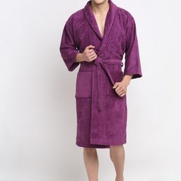 Creeva Unisex Purple Solid Terry Cotton Bath Robe With Pockets-picture-5