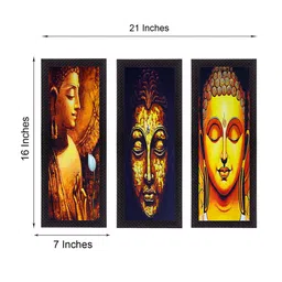 eCraftIndia Set Of 3 Gold-Toned & Blue Lord Buddha Satin Matt Texture UV Wall Art image 3