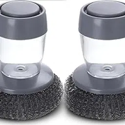 2Pcs Steel Scrubber with Soap Dispenser – Push Button Dish Cleaning Brush for Kitchen Sink, Utensils, Bowls & Woks | Multipurpose Liquid Dispensing Scrub Tool – Multi-Colored-image-12