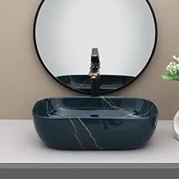 Senetton Benz 320 Luxury Table Top Wash Basin 18”×13”×5” P Blue with Gold Veins | Modern Ceramic Countertop Sink | Elegant, Eco-Friendly, Stain & Bacterial Free Bathroom Fixture for Home & Hotel image 1