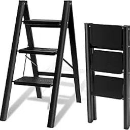 GNOLY Black Modern 3 Step Folding Steel Step Stool – Foldable Heavy-Duty Ladder with Wide Non-Slip Steps – Portable Step Ladder for Kitchen, Garage, Home, Office Use (1Pcs)-image-79
