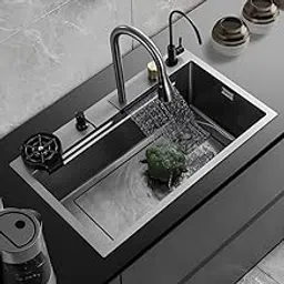 Hardstone 304 Grade Multifunction Kitchen Sink 24 x 18 x 9 with Anti Scratch Honeycomb Design, Integrated Waterfall & Pull-Out Faucet Set-Stainless Steel Sink with Cup washer and Drain Baskets-image-21