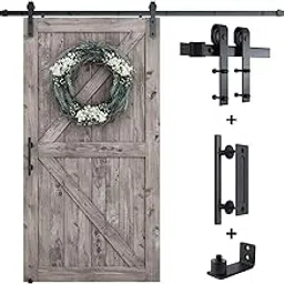 SMARTSTANDARD 8FT Sliding Barn Door Hardware Whole Kit (Include 8FT Double Track Kit & Pull Handle Set & Floor Guide), Smoothly and Quietly, Easy to Install, Fit 42"-48" Wide Door Panel (J Shape) image 1