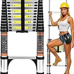 Folding Telescoping Ladder (Black Silver), 12.5 FT Aluminum Extension Ladder Folding Compact Portable Anti-Slip Collapsible Ladders for Home Attic RV Loft Roof-picture-19