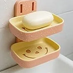 MuRekha 2-Tier Wall-Mounted Soap Holder, Smiley Face Design, Self-Adhesive Plastic, Pink and Yellow (Pink)-picture-12