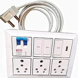 Extension Board 16 amp Modular with USB Charger 3 Socket with MCB Protection Heavy Load Capacity (4000 watt 2.5 sq mm Cable, 2 Meter Cable) image 1