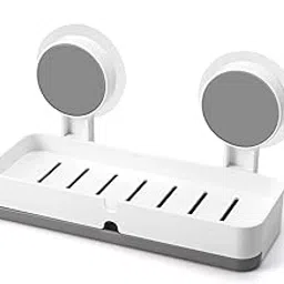 Wall Mounted Soap Dish with Drainage Tray, White Plastic Bathroom Organizer, Self-Adhesive Installation, Waterproof Shower Caddy with Double Suction Cup Holders-image-5