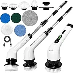 Electric Spin Scrubber,Cleaning Brush Scrubber for Home, 400RPM/Mins-9 Replaceable Brush Heads-90Mins Work Time,Adjustable Size,2 Adjustable Speeds for Bathroom Shower (White)(Five Year Warranty)-image-3