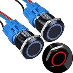 2PCS 22mm Metal Waterproof Anti-Vandal Latching Push Button Switch Self-Locking Black Shell with Pre-Wired Socket Plug for 7/8" Mounting Hole 12V-24V ON Off 5Pins 1NO 1NC Halo Ring LED Light Red-image-55