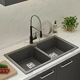 EVANEX Quartz Kitchen Sink | Double Bowl Quartz Sink for Kitchen- Sound Dampening, Scratch Resistant, UV-Protected, Noise Reducing (Grey, 37"x18"x9" Inches)-image-9