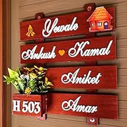 Wooden Name Plate for Home Entrance | Wall/Door Mounted Outdoor Name Board with 3D Acrylic Letters & Mini Grass Planter | Customizable House/Flat/Office Number Plate (Dark Brown)-image-53