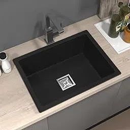 Hardstone Quartz Kitchen Sink (18 x 24 x 8.5 In, 10mm Thickness) – Matt Finish Single Bowl Sink with Waste Coupling & PVC Pipe – Smooth Finish, Non-Fading, UV Protection, Scratch & Heat Resistant-image-2